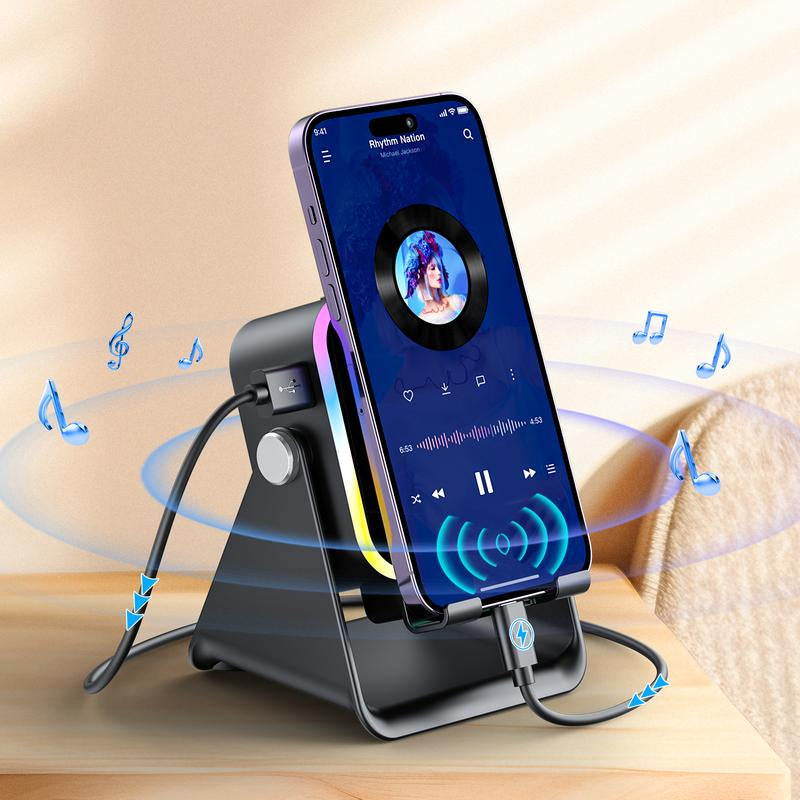 Enhanced Folding Phone Holder with Induction Speaker and Lighting, 10W Portable Audio Stand for Desk, Home, Office, and Travel Use
