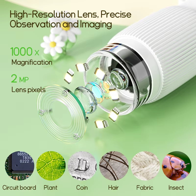 1000X Kids USB Microscope with LED & Camera – Fun Science Toy for Learning, Photos & Videos