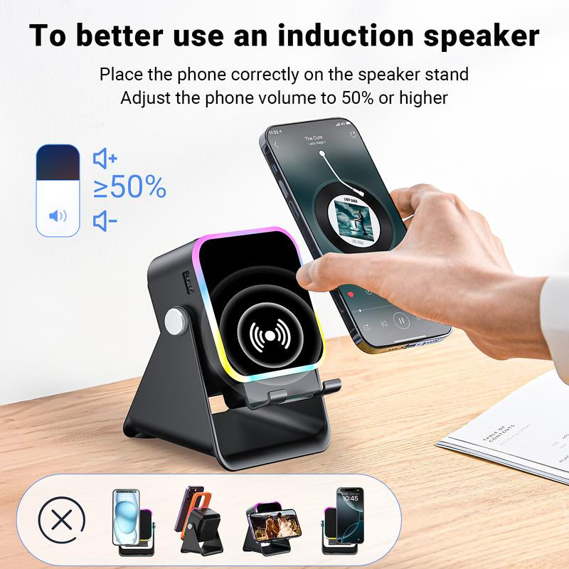 Enhanced Folding Phone Holder with Induction Speaker and Lighting, 10W Portable Audio Stand for Desk, Home, Office, and Travel Use