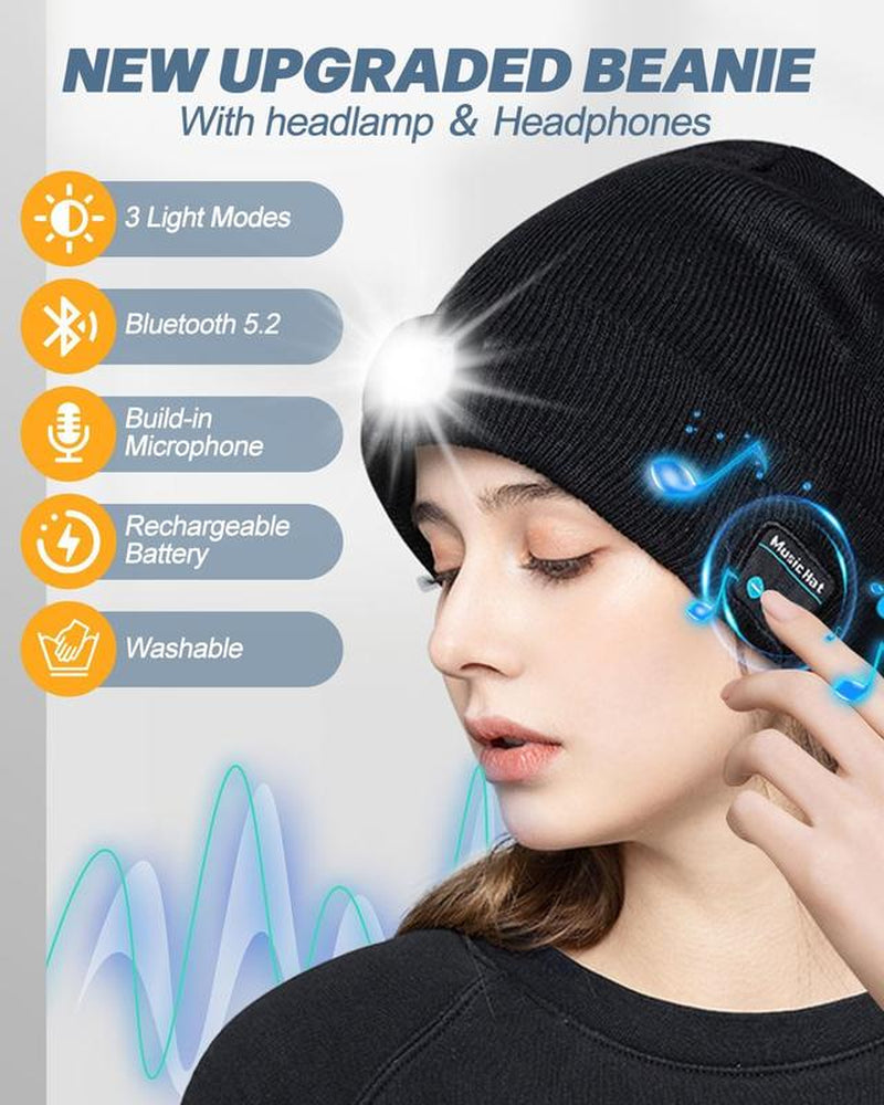 Bluetooth Beanie with Light, Unisex USB Rechargeable 4 LED Fashlight Hat with Cordless Headphones, Unique Christmas Birthday Gifts for Men Husband Teen Warm Beany Knit Balaclava Outdoor Activities Skull Cap Cycling Spider Web Sport Lightweight Sweat