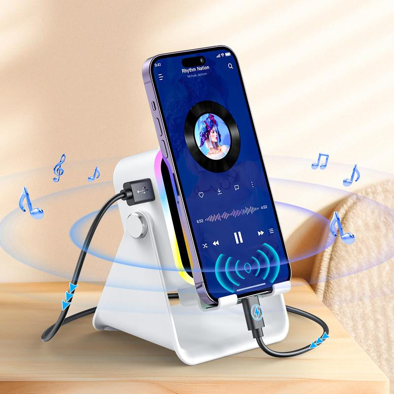 Enhanced Folding Phone Holder with Induction Speaker and Lighting, 10W Portable Audio Stand for Desk, Home, Office, and Travel Use