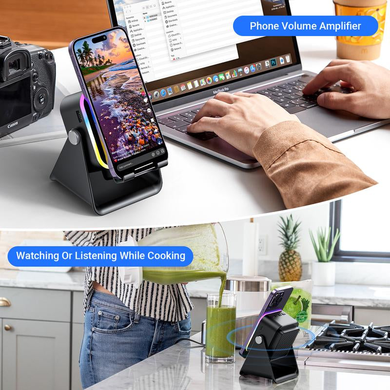 Enhanced Folding Phone Holder with Induction Speaker and Lighting, 10W Portable Audio Stand for Desk, Home, Office, and Travel Use
